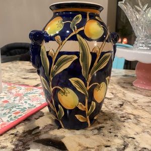 Cantagalli Majolica Vase Cobalt With Vines And Lemons
